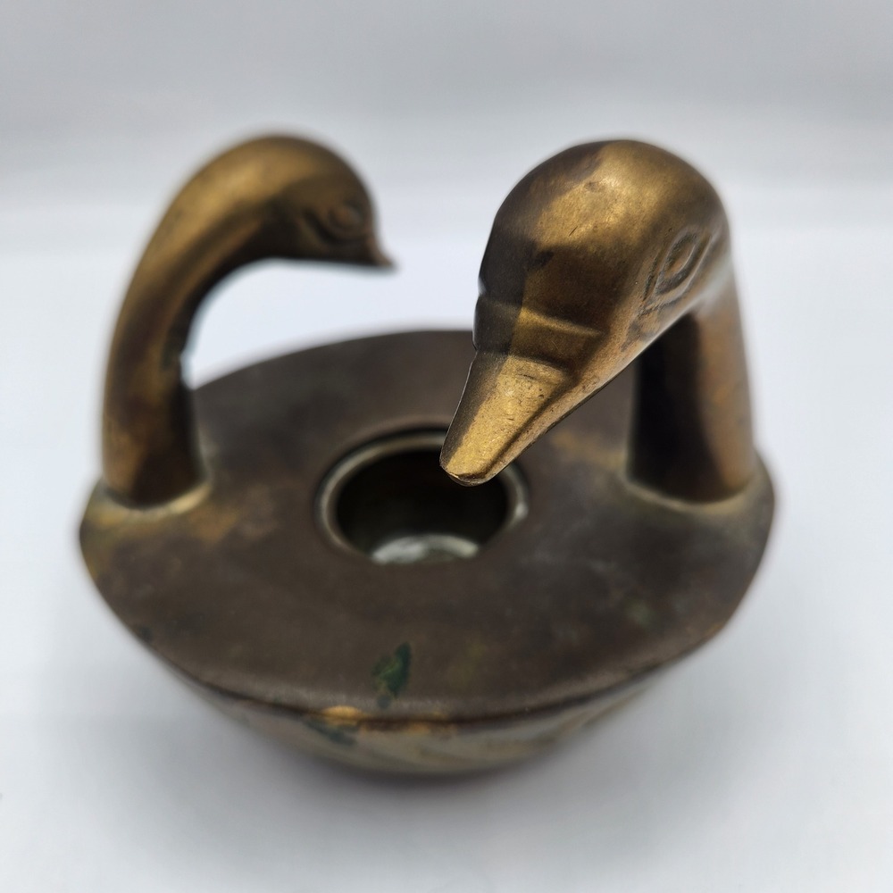 Vintage Solid Brass Double Swan Candle Holder Figurine Taper Candlestick